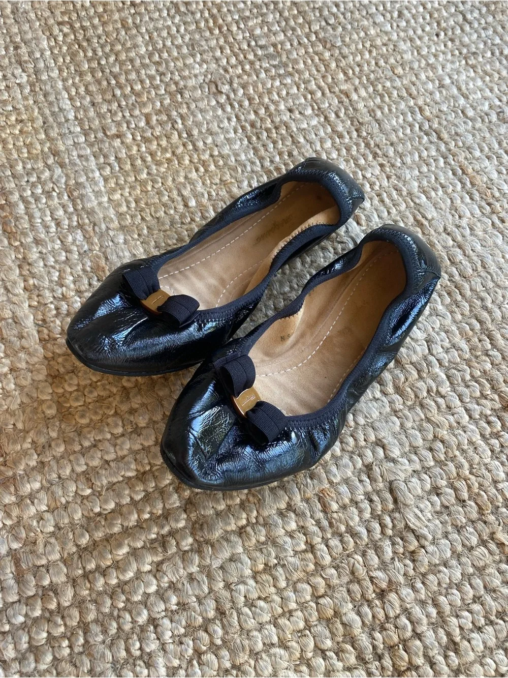 Salvatore Ferragamo Black Patent Leather Bow Ballet Flats